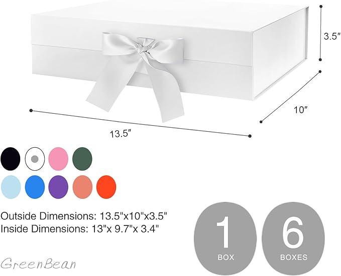 GREEN BEAN 6 Large Gift Boxes with Lids for Present 13x9.7x3.4 Inches, White Magnetic Gift Box with Ribbon, Bridesmaid Proposal Boxes, Luxury Gift Boxes (Glossy White)