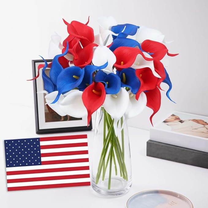 24 Pcs Patriotic Calla Lily Flower 4th of July Artificial Flowers Fake Blue White Red Silk Flowers Real Touch for Independence Memorial Day