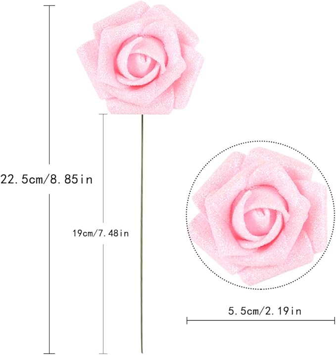 IPOPU Artificial Roses,25pcs Pink Roses Artificial Flowers Glitter Flowers Foam Rose with Stem for DIY Wedding Bridal Bouquet Home Party Decoration(Pink)