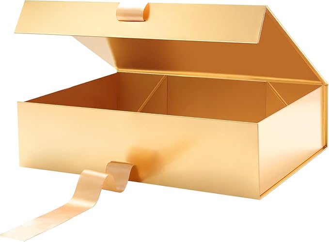 GREEN BEAN Large Gift Box with Lid for Present 13x9.7x3.4 Inches, Gold Magnetic Luxury Gift Box with Ribbon, Christmas Bridesmaid Proposal Gifts Box (Glossy Gold)