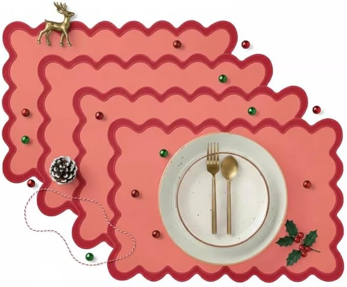 Folkulture Christmas Placemats Set of 4, 13 x 19 Inches 100% Cotton Boho Place Mats or Heat Resistant Table Mats for Dining Table Decor, Scalloped Kitchen Mats or Farmhouse Table Place Mats (Red)