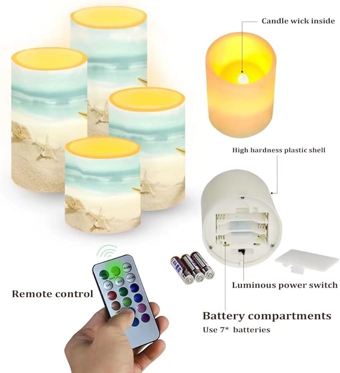 Beach Starfish Seashell Flameless LED Battery Candles 4 Pieces Pillar Fake Candles with Colored Light 4H 8H Timer Remote for Wedding Beach Party Coastal Room Decor