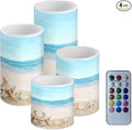 Flickering Flameless LED Pillar Candles with 18-Key Remote Battery Operated Color Changing Tea Lights Fake Candles, Set of 4, Beach Starfish Blue