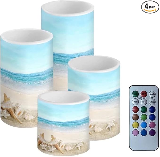Flickering Flameless LED Pillar Candles with 18-Key Remote Battery Operated Color Changing Tea Lights Fake Candles, Set of 4, Beach Starfish Blue