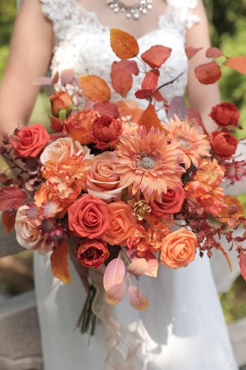 Orange Artificial Flowers Box Set Gradient Color Foam and Silk Fake Flowers with Stems for DIY Wedding Bridesmaid Bridal Bouquets Centerpieces Party Fall Home Decoration