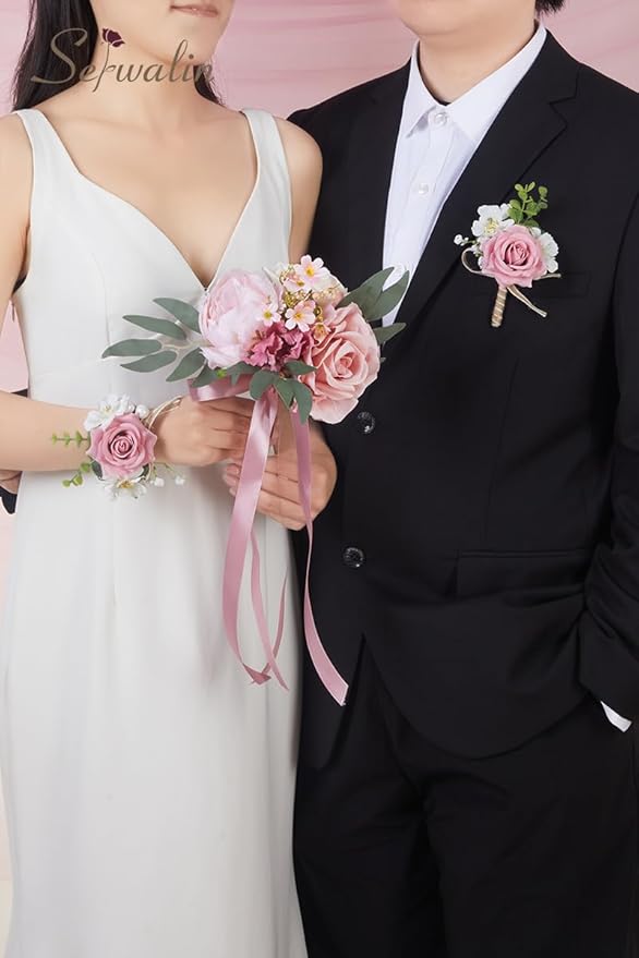 Serwalin Pink Rose Corsage and Boutonniere Set, Prom Flower Wrist Corsage Bracelets, Homecoming Roses Corsage Wristlet and Men Boutonniere for Wedding Flowers Accessories Prom Suit Decorations