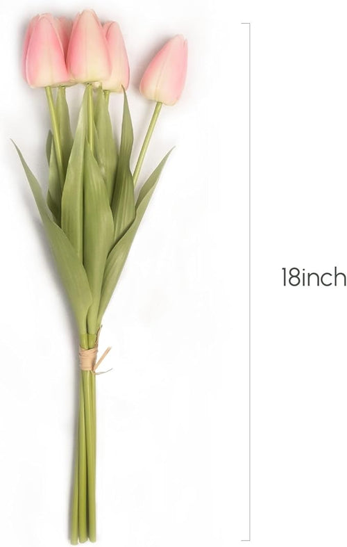 18in Artificial Tulip Flowers, 5 Pcs Real Touch Latex Faux Flowers Tulip with Fake Stems for Spring Bouquet Easter Wedding Floral Arrangement Home Party Office Kitchen Decor - Light Pink