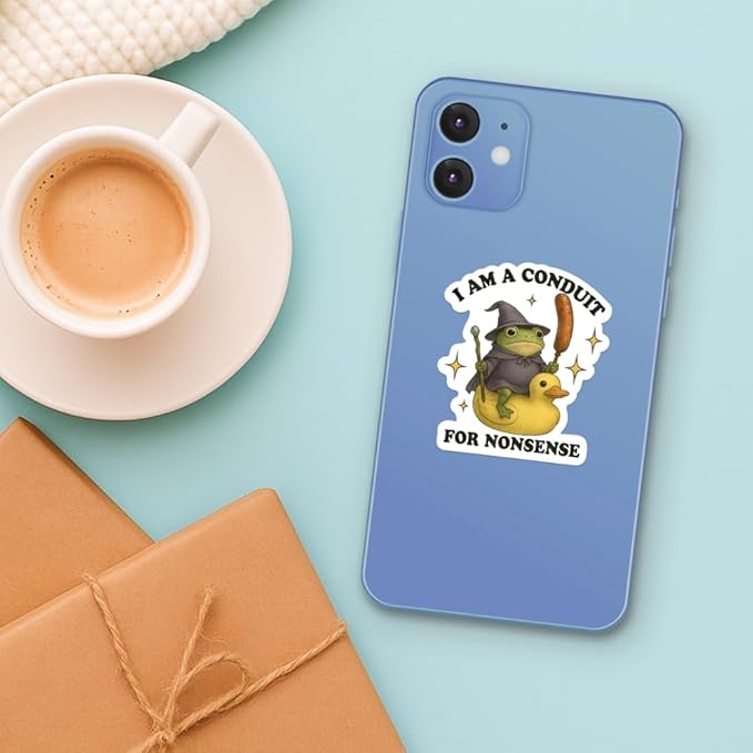 HANDICHI Design 5-Pack 5 Inch Funny Frog Stickers – “I Am a Conduit for Nonsense” Wizard Frog Vinyl Decals – Quirky Meme Sticker Pack for Laptops, Water Bottles, Journals and Scrapbooks