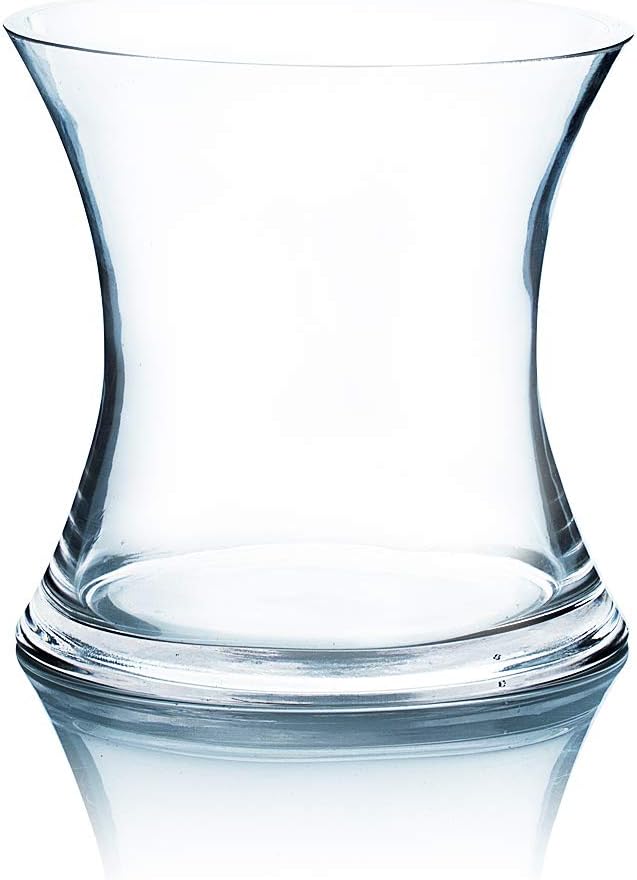 WGV Unique Bouquet Vase Bulk, 7" W, 7" H, Clear Short Hurricane Concaved Neiman Glass Floral Container, Home Wedding Event Decor, 8 Pieces (VHV0707)