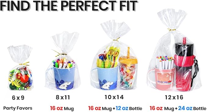 PigPotParty Cellophane Treat Bags 7"x10", 50 Pack Clear Goodie Bags, Bottom Gusset for Stand-Up Display, Small Plastic Gift Wrap for Cookies, Candy, Party Favors, Popcorn, Includes 50 Gold Ties