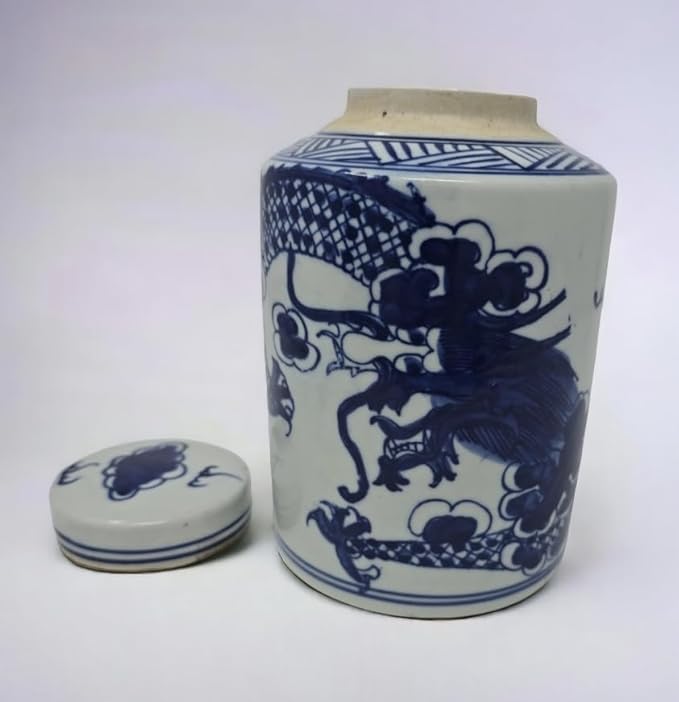 Festcool Retro Antique Like Style Blue and White Porcelain Dragon Ceramic Covered Jar Vase, China Ming Style, Jingdezhen (7 H)