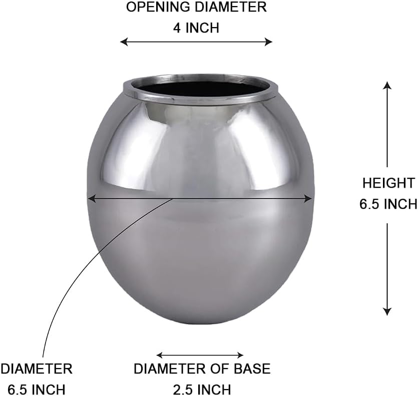 Serene Spaces Living Alerra Stainless Steel Vase, Round Modern Silver Flower Vase, Minimalist Metal Accent for Home, Office, Wedding, or Event Centerpieces, Ideal Gift, 6.5" Diameter & 6.5" Tall