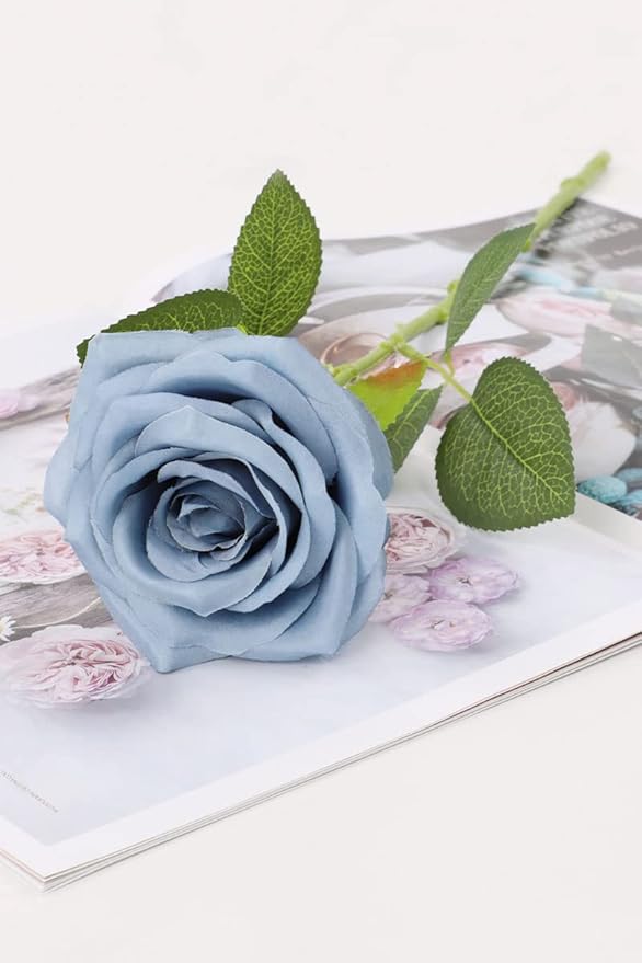 Artificial Rose Flower Dusty Blue Flowers Dusty Blue Roses Silk Flowers 50 pcs with Long Stem Silk Roses Bouquet for Wedding Bridal Shower Party Home Decoration