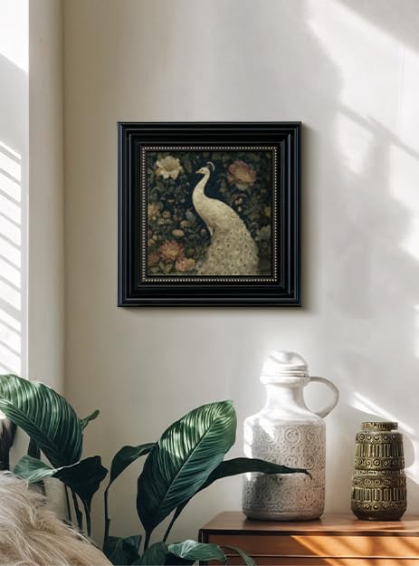 Vintage 3D Textured White Peacock Framed Wall Art 16x16 Inch, Square Bird and Floral Artwork Sandstone Panel Botanical Print, Rustic Living Room Bedroom Office Farmhouse Entryway Home Decor
