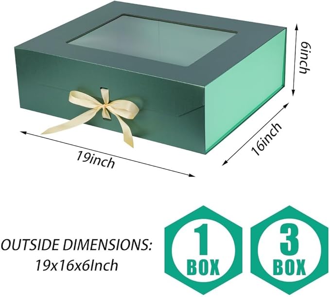 3 Pcs Extra Large Green Gift Box for Presents with Ribbon 19x16x6 Inches Clear Gift Box with Window Magnetic Closure Gift Boxes with Lids
