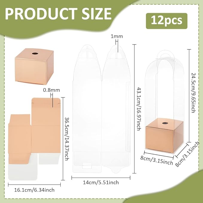 BENECREAT Single Rose Flower Box, 3.1 x 3.1 x 9.6Inch Clear Flower Packing Boxes, Gift Boxes for Graduation Wedding Birthday Floral Gift Floral Arrangement Supply, Rose Gold