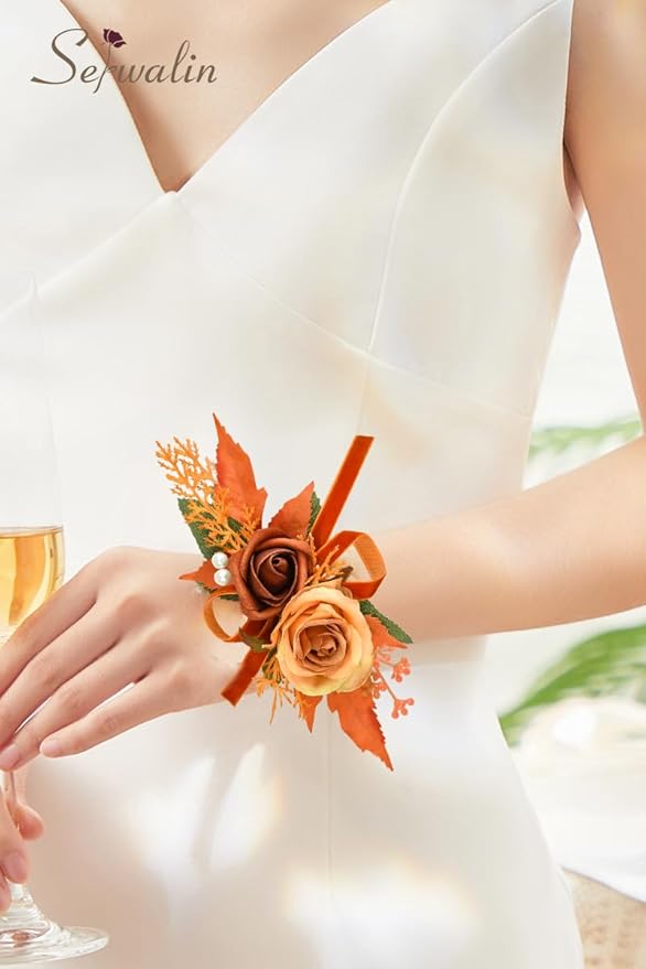 Serwalin Orange Corsage and Boutonniere Set 𝟮𝙥𝙘𝙨, 𝟲-𝟳 𝙄𝙣𝙘𝙝 Boutonniere and Wrist Corsage Wristband Prom Flower Wedding Flowers Accessories Prom Suit Decorations Cake Topper