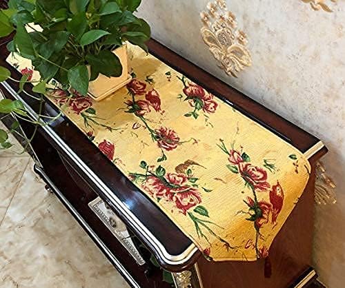 Tache Floral Red Roses Birds Golden Woven Table Runner - Vintage Tapestry Kitchen Dining Dinner Linens Cloth - 13 x 72 inches