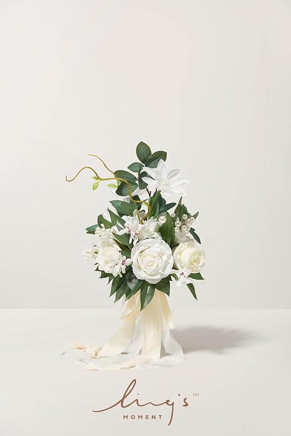 Ling's moment Artificial Flowers White Bridesmaid Bouquet Set of 4, White & Sage Wedding Flowers Bouquets for Bridesmaids, 7 Inch Bridal Bouquets for Bridesmaids, Wedding, Ceremony, Anniversary, etc