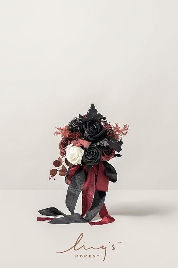 Ling's moment Artificial Flowers Gothic Bridesmaid Bouquet Set of 4, Burgundy and Black Wedding Flowers Bouquets for Bridesmaids 7 Inch Bridal Bouquets for Bridesmaids, Wedding, Ceremony, Anniversary