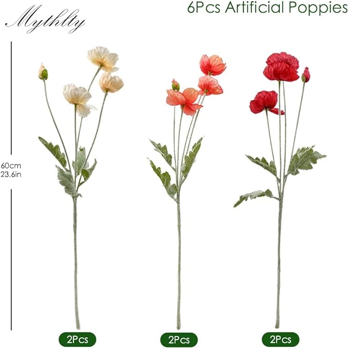 Set of 6 Red Coral Pink and Champagne Mixed Poppy Flowers Artificial, Silk Flowers with Stems for Vase for Wedding Party Home Office Indoor Kitchen Dining Table Centerpiece Decoration