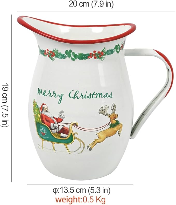 Festive Santa Claus Enamel Vintage Pitcher Vase for Flowers Christmas Decorations Xmas,7.9" L x 5.3" W x 7.5" H Rustic Pitcher Vase,Farmhouse Decor for Kitchen Table Centerpiece,Living Room,Bedroom
