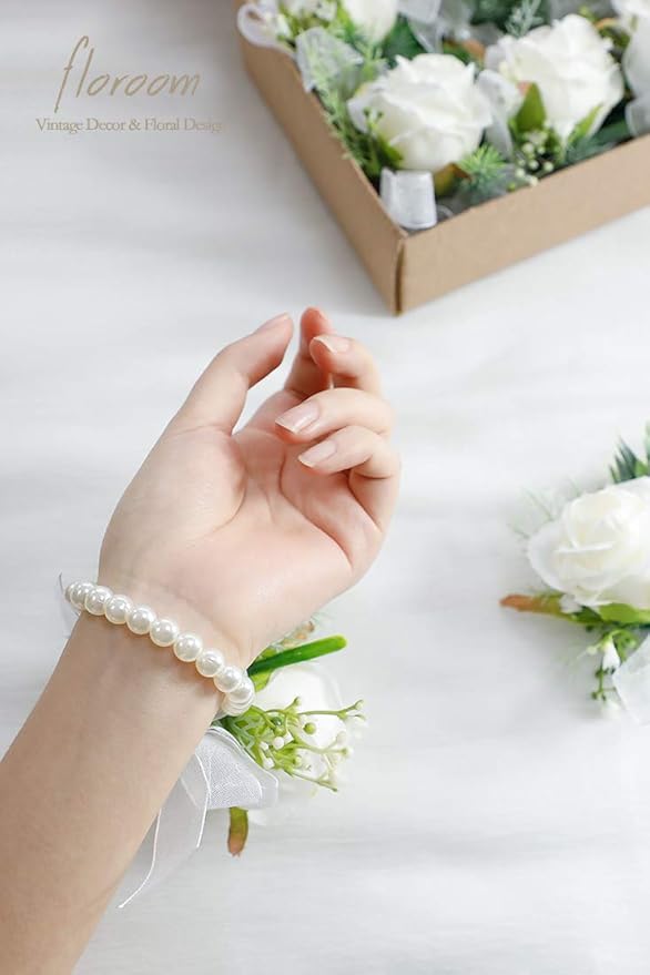 Floroom Ivory Rose Wrist Corsage Wristlet Band Bracelet for Women Bride Bridesmaid White Wedding Prom Set of 2