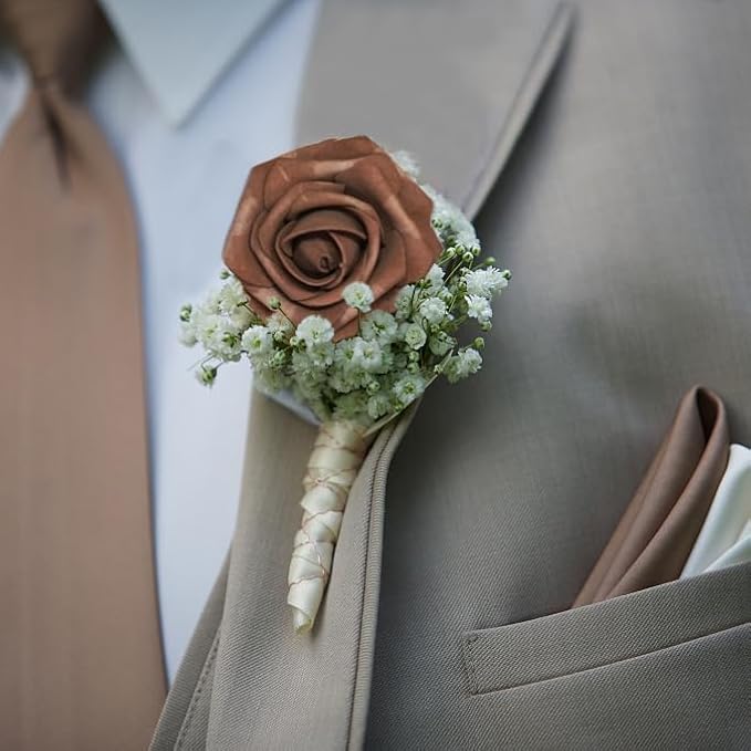 Artificial Flowers, 50pcs Artificial Rose for DIY Wedding Bouquets Centerpieces Arrangements, Brown Foam Roses with Stem for Bridal Shower Party Home Decorations