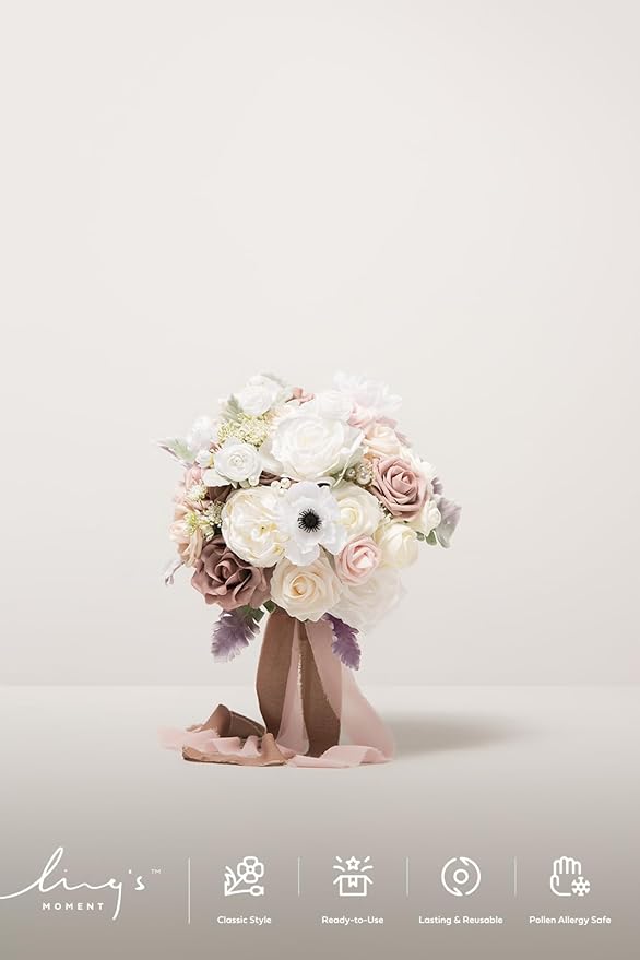 Ling's moment Dusty Rose Bridal Bouquet for Bride, Blush Pink Wedding Bouquets for Bride, 13 Inch Silk Round Artificial Wedding Flowers Bouquets