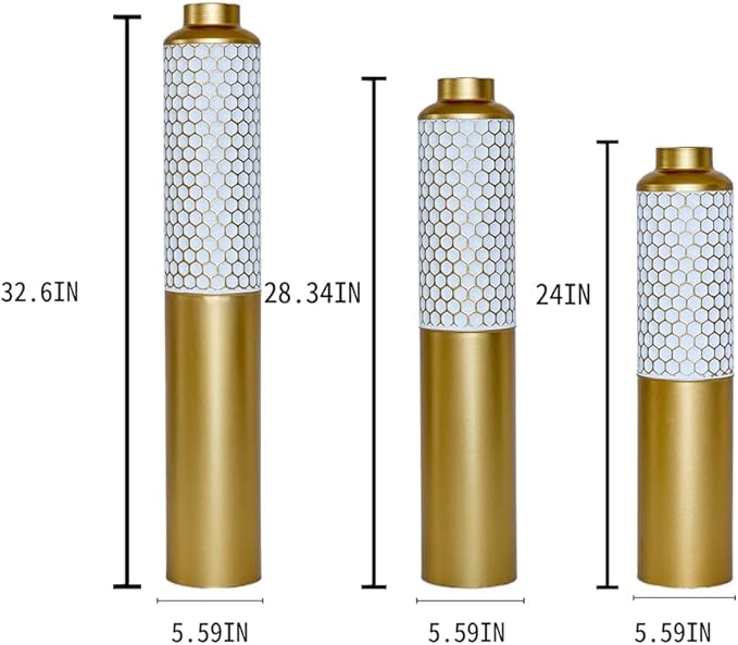 Floor Oversized Gold Metal Decorative Vase with 3D Triangle Pattern Set of 3 Large Vases for Home Living Room 33.5 ", 29.5 ", 25.2" High (Gold+White)