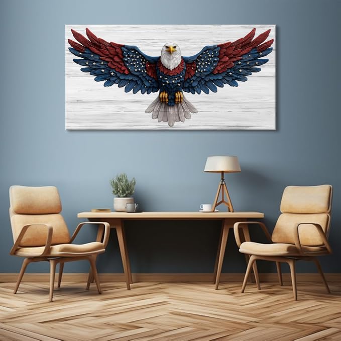 Bald Eagle Canvas Wall Art American Eagle Wall Décor -American Bald Red Blue Flag Canvas Wall Art Usa Independence Day Prints Painting Ready to Hang for Living Room, Bedroom, Office, Dorm 46L" x 23W"