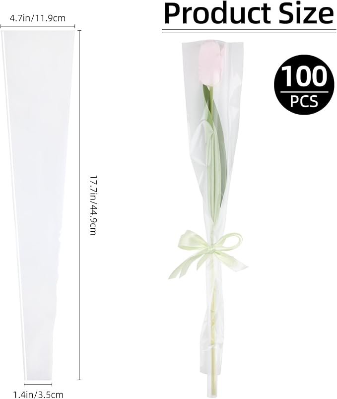 200 PCS Single Flower Sleeves Wrapping Bags with Floral Water Tubes for Bouquets, Single Rose Florist Bouquet Packaging Bags for Birthday Valentines Day, Wedding, Mother's Day Gifts