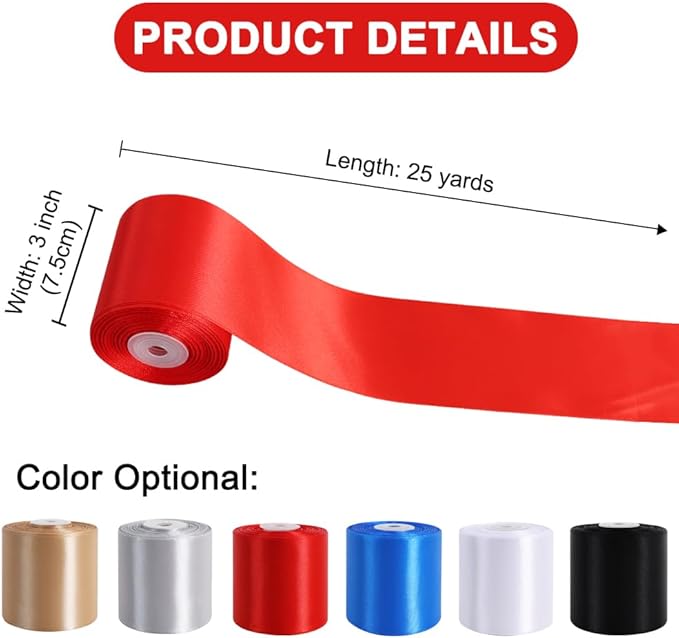 TONIFUL Red Satin Ribbon 3 Inch X 25yds Solid Silk Ribbons for Gift Wrapping, Craft, Floral Bouquets, Valentine's Day Christmas Gift Wrapping, Party Wedding Decoration