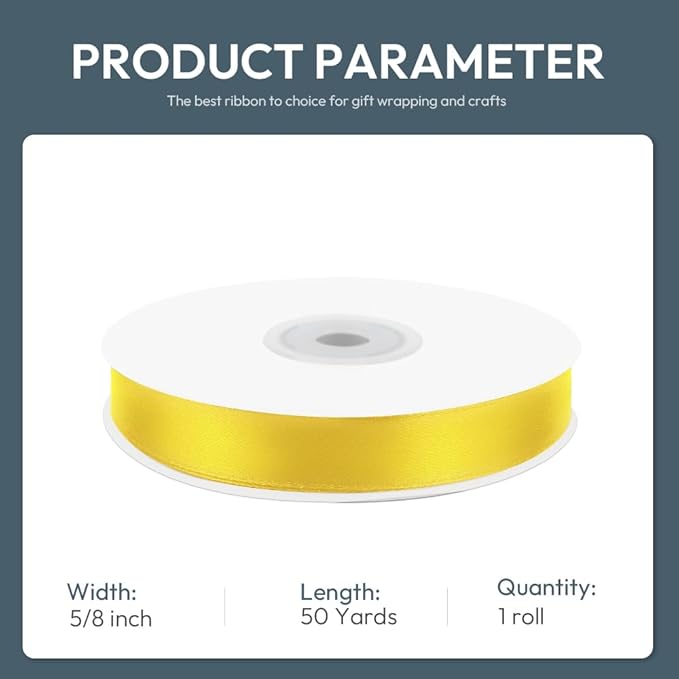 KMER LIFE 5/8" Wide x 50 Yards Yellow Single Faced Polyester Satin Ribbon, Yellow Satin Ribbon Perfect for Wedding Decor, Wreath, Crafts, Gift Wrapping & Other Projects (Yellow)