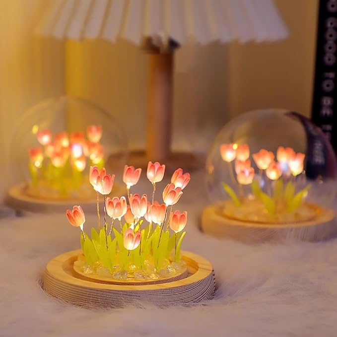 (20 Flower) Birthday Gifts for Mom, Tulip Lamp Night Light with Glass Dome,Handmade Artificial Flower Table Lamp Bedroom Desk Decoration for Women Daughter Girlfriend Christmas Holiday Gift