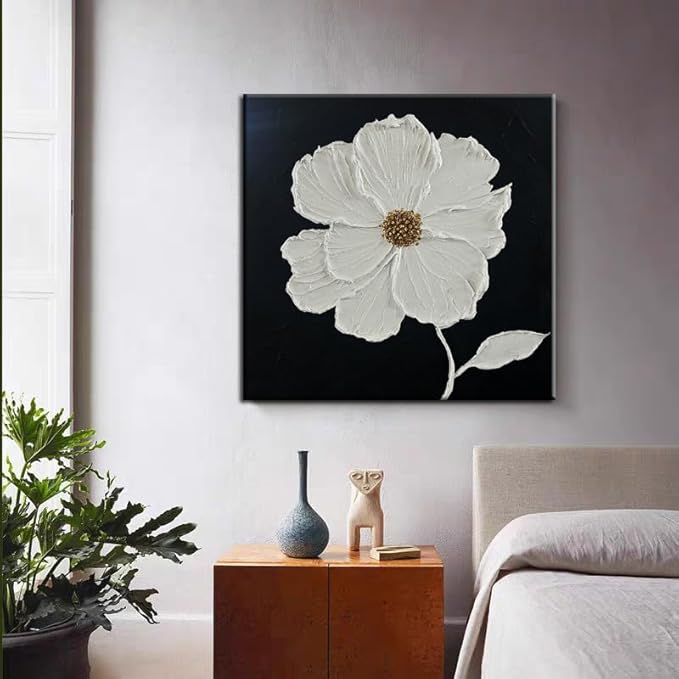 YaSheng Art - Thick Texture Flowers Abstract Oil Painting Hand-Painted Black and White Wall Art Minimalist modern Art Paintings Home Living room Room Dining Room Bedroom Wall Decorative Art Oil Painting 24x24inch