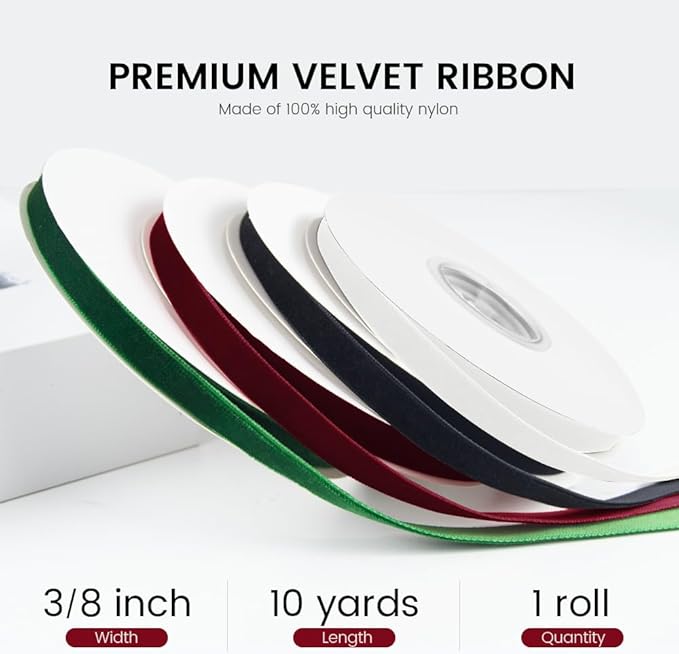 3/8" Wide x 10 Yards Velvet Ribbon, Vintage Single Face Velvet Ribbons for Gift Wrapping, Christmas Wrapping Bows, Wedding Decor, Sewing and More (Burgundy)
