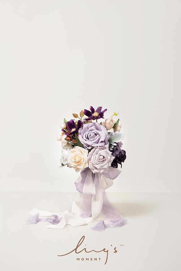 Ling's Moment Artificial Flowers Purple Bridesmaid Bouquet Set of 4, Lilac and Gold Wedding Flowers Bouquets for Bridesmaids, 7 Inch Bridal Bouquets for Bridesmaids, Wedding, Ceremony, Anniversary, et