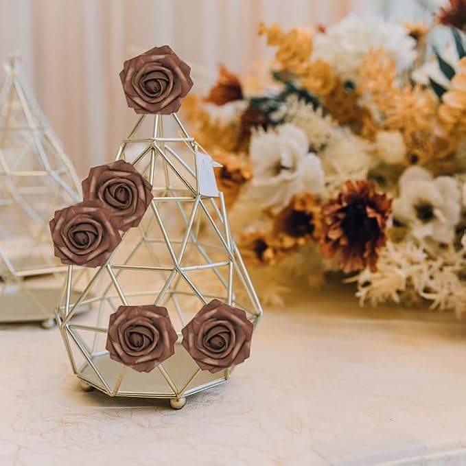 Artificial Flowers, 50pcs Artificial Rose for DIY Wedding Bouquets Centerpieces Arrangements, Brown Foam Roses with Stem for Bridal Shower Party Home Decorations