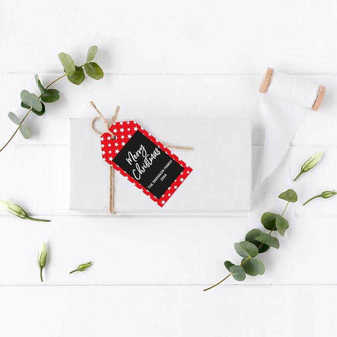 Andaz Press Personalized Christmas Holiday Season Classic Gift Tags, Merry Christmas Custom Family Name and Year, Red with White Stars Design, for Holiday Events, Parties, and Favors, 60-Pack