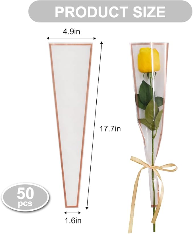 BEISHIDA 50 PCS Single Rose Sleeve Bouquet Bags Plastic Single Flower Wrapping Rose Packaging For Father's Day Graduation Wedding Birthday Valentine's Day Party (White with Champagne Edging)