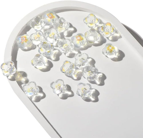 100PCS Glass Flower Beads for Jewelry Making 4 Petal Flower Bead Caps Gradient Cute Floral Beads Aesthetic Charms for Necklace Bracelets Earrings DIY Craft Home Decoration-AB White
