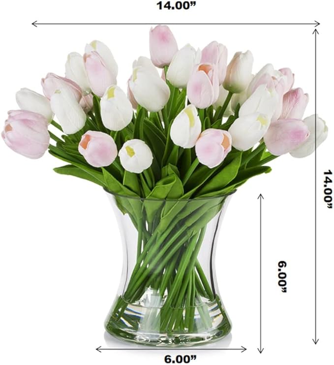 ENOVA FLORAL 40 Heads Artificial Tulips Flowers with Vase Mixed White Pink Colors, Real Touch Tulips Floral Arrangement with Vase, Fake Flowers in Vase for Home Decor, Wedding Centerpieces