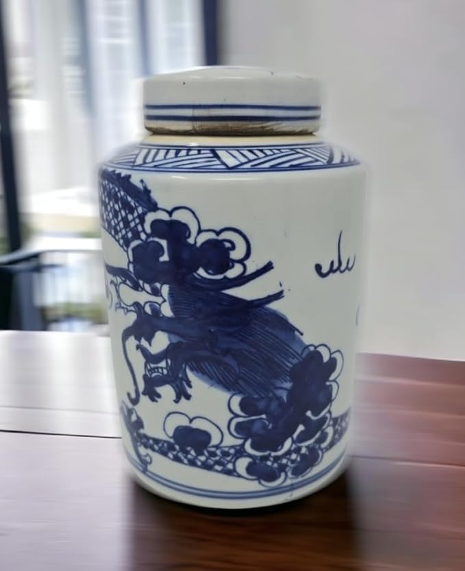 Festcool Retro Antique Like Style Blue and White Porcelain Dragon Ceramic Covered Jar Vase, China Ming Style, Jingdezhen (7 H)