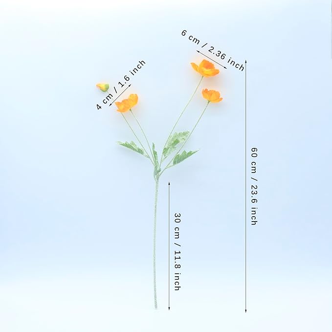 2 Pcs Artificial Fake Flowers Poppies Silk Flower Arrangements Wedding Bouquets Decorations Plastic Floral Table Centerpieces for Home Kitchen Garden Party Decor Approx 23.6" High - Light Orange