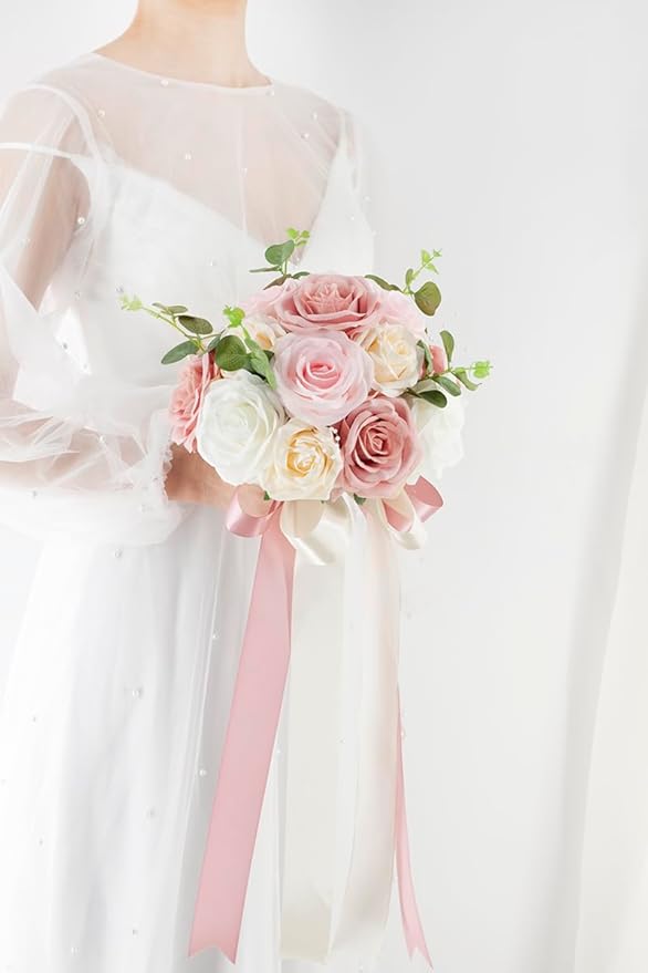Pink & Champage Wedding Bouquets for Bride Bridesmaids, Bridal Bouquet for Wedding Silk Artificial Flowers