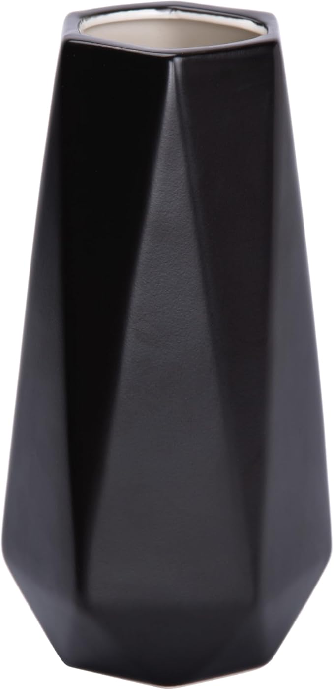 D'vine Dev 8 Inch Matte Black Ceramic Vase, Geometric Handmade Craft Flower Vase with Design Box Packaged, VS-GM-MB-8