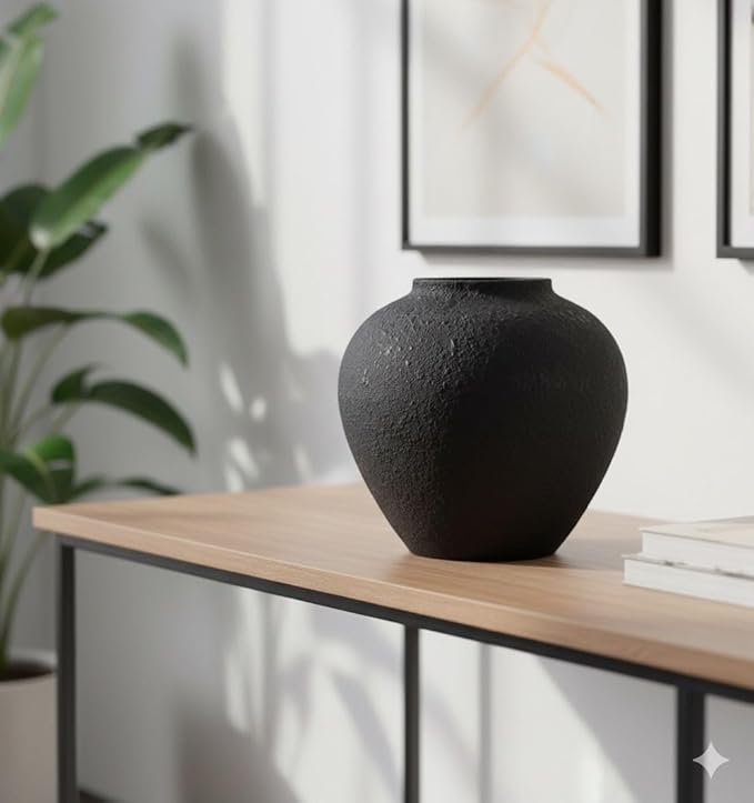 Large Black Round Vase for Flowers & Table Centerpieces - 11 Inch Rustic Textured Earthy Stone Look, Matte Big Decorative Arina Modern Farmhouse Wabi Sabi Decor for Living Room, Dining, Coffee Table