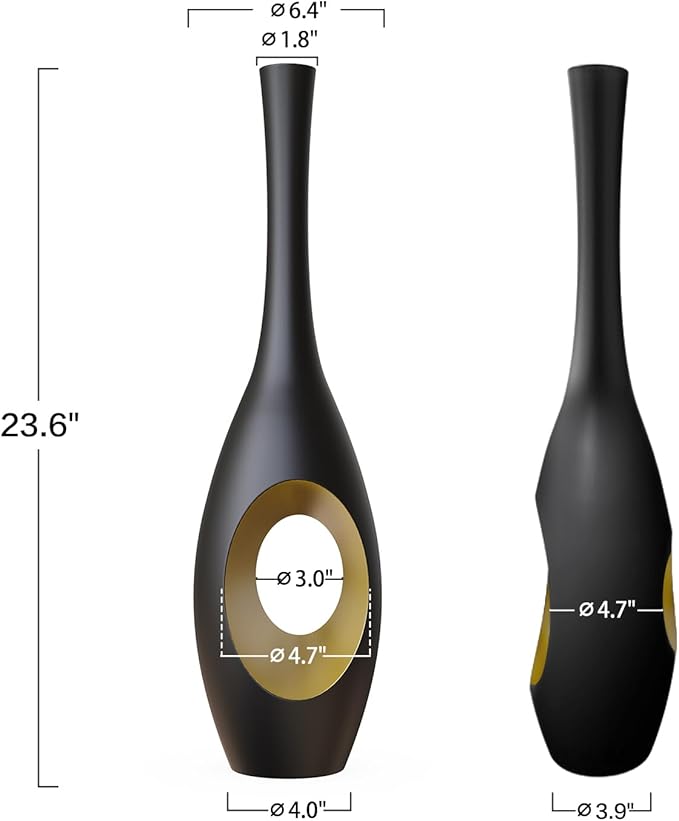 23.6 in Black Floor Vase – Modern Oval Tall Floor Vase with Gold Cutouts & Slim Neck, Decorative Vases for Luxury Home, Office, Wedding Decor – Resin Tall Vases