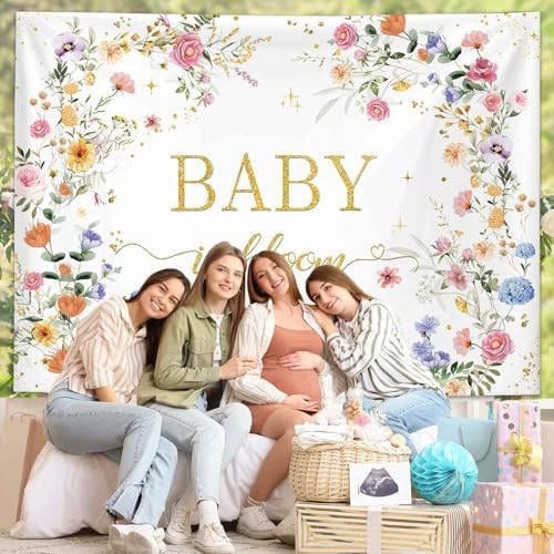 MEHOFOND 7x5ft Wildflower Baby in Bloom Baby Shower Backdrop Decorations, Wildflower Baby Shower Background, Spring Floral Banner Gold Glitter Photography Background Photo Prop 8x6ft